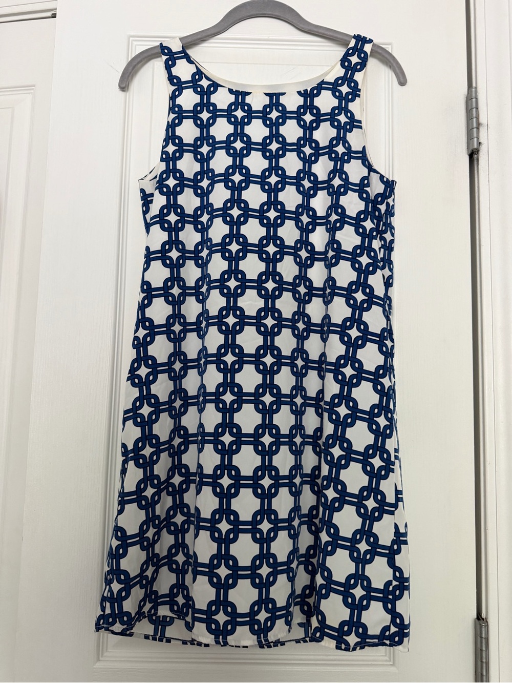 Newbury Kustom retro white & blue chain link pattern shift dress size S